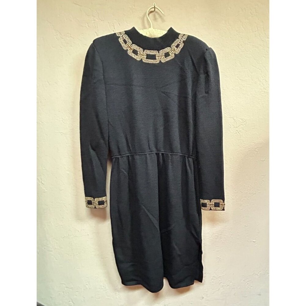 St. John Evening Knit Mini Sheath Sweater Dress Sz 2 Mock Neck Embellished Black